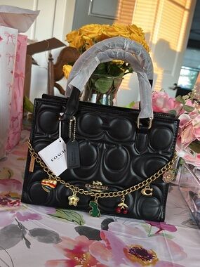 Coach Black Quilted Satchel with Gold Charm Chain